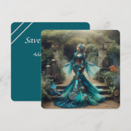 Steampunk Vintage Victorian Dam Teal Sjöjungfru Spara Datumet