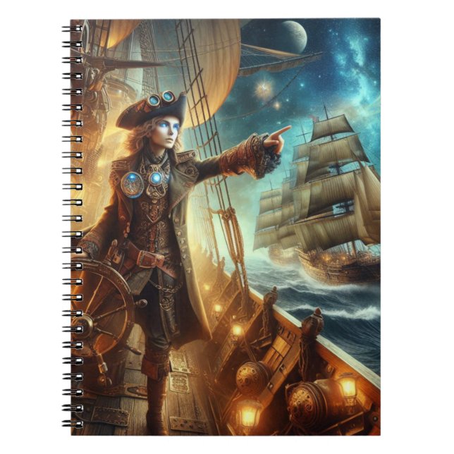 Steampunk Vintage Victorian Ocean Space Pirat Anteckningsbok (Framsidan)