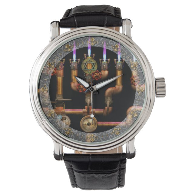 Steampunk - VVS - Att tända Menorah-ljusstakarna Armbandsur (Framsida)