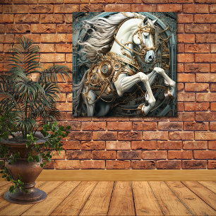 Steampunk White Stallion Guld Gears Emerald Gems Poster