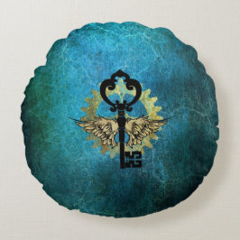 Steampunk Winged Nyckel & Cog Wheel Design Rund Kudde