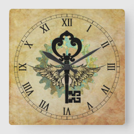 Steampunk Winged Nyckel & Cog Wheel Fyrkantig Klocka