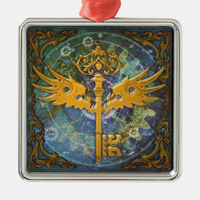 Steampunk Winged Nyckel Julgransprydnad Metall (Framsidan)