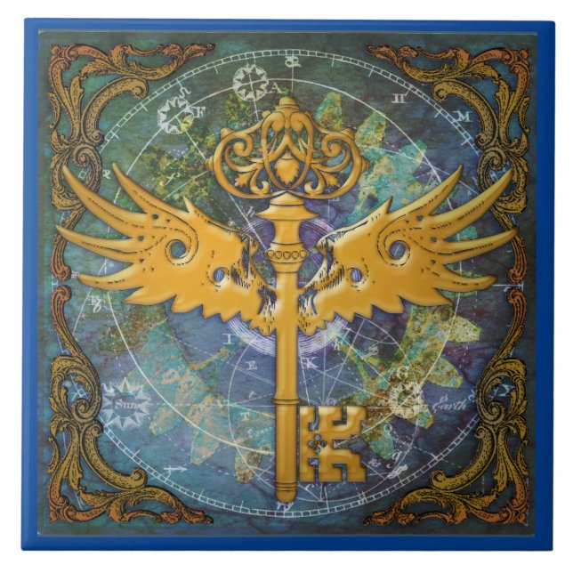 Steampunk Winged Nyckel Kakelplatta (Framsidan)