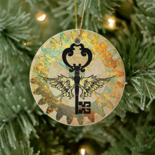 Steampunk Winged Nyckel och Cog Wheel Julgransprydnad Keramik