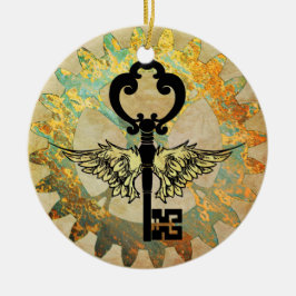 Steampunk Winged Nyckel och Cog Wheel Julgransprydnad Keramik