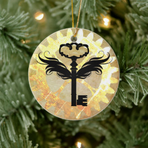 Steampunk Winged Nyckel och Cog Wheel Julgransprydnad Keramik