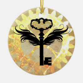 Steampunk Winged Nyckel och Cog Wheel Julgransprydnad Keramik