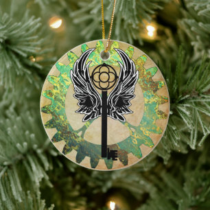 Steampunk Winged Nyckel och Cog Wheel Julgransprydnad Keramik