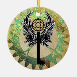 Steampunk Winged Nyckel och Cog Wheel Julgransprydnad Keramik
