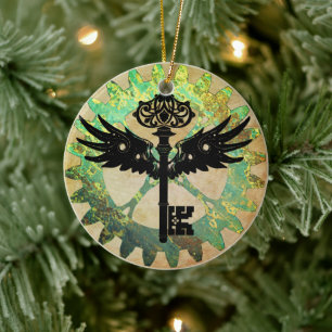 Steampunk Winged Nyckel och Cog Wheel Julgransprydnad Keramik