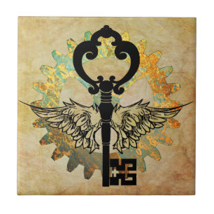 Steampunk Winged Nyckel och Cog Wheel Kakelplatta