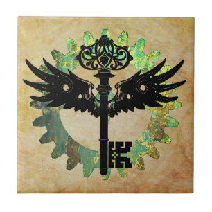 Steampunk Winged Nyckel och Cog Wheel Kakelplatta