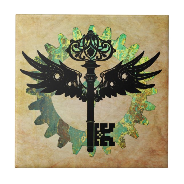 Steampunk Winged Nyckel och Cog Wheel Kakelplatta (Framsidan)
