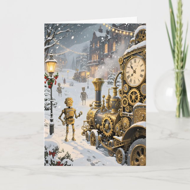Steampunk Winter Expres Christmas Helgkort (Framsida)