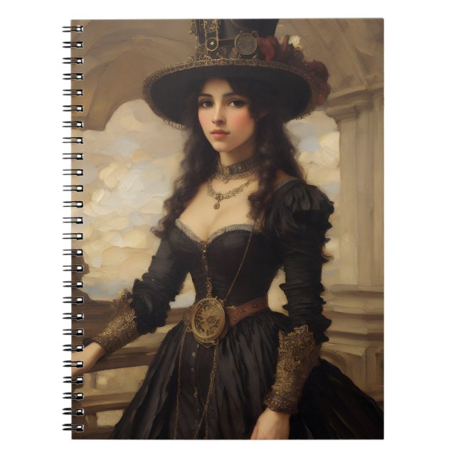 Steampunk Woman Porträtt Art Anteckningsbok (Framsidan)