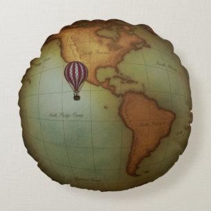 Steampunk World Map med Airship & Luftballong Rund Kudde