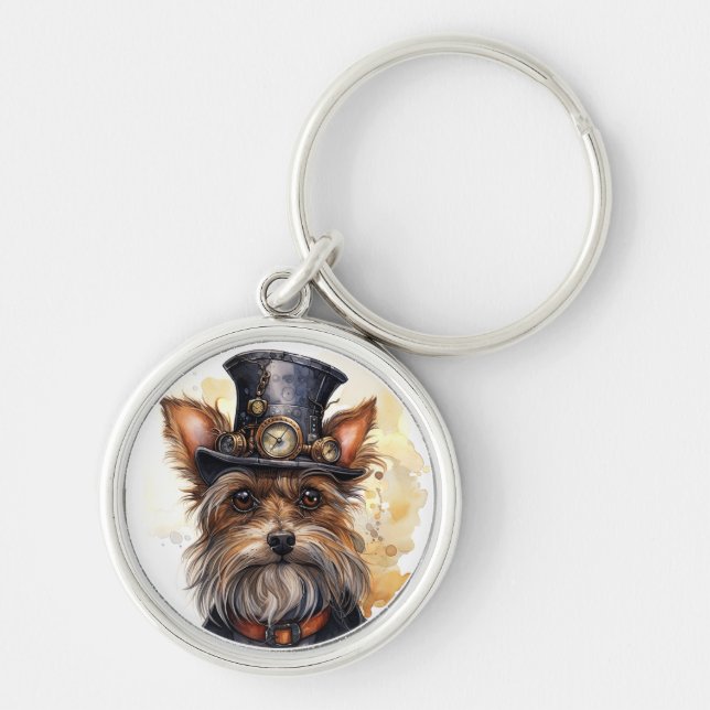 Steampunk Yorkshire Terrier Hund Rund Silverfärgad Nyckelring (Framsidan)
