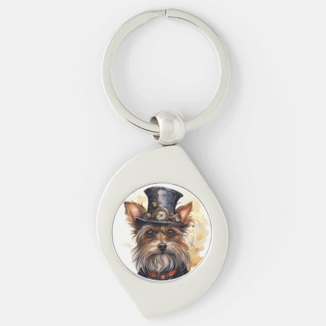 Steampunk Yorkshire Terrier Hund Swirl Silverfärgad Nyckelring (Framsidan)