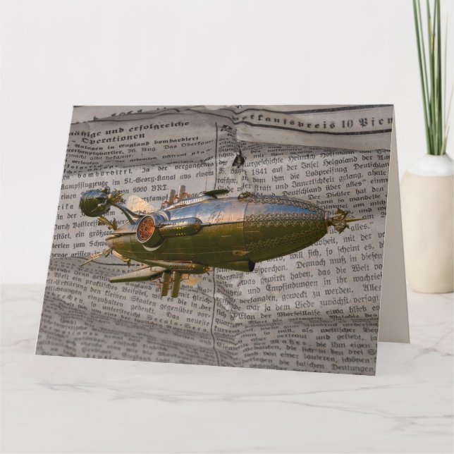 STEAMPUNK ZEPPELIN BLIMP NEWSPAPER FÖDELSEDAGSKORT KORT (Framsida)