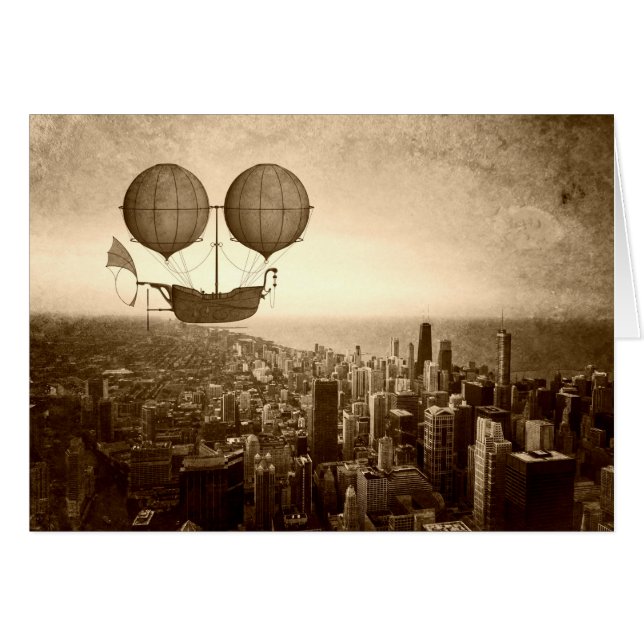 Steamship Airship Over Chicago Flat Card Hälsningskort (Framsidan Horizontal)