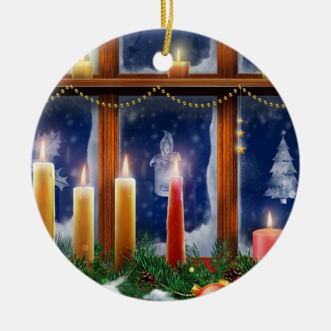 Stearinljus i fönsterjulprydnaden julgransprydnad keramik (Framsidan)