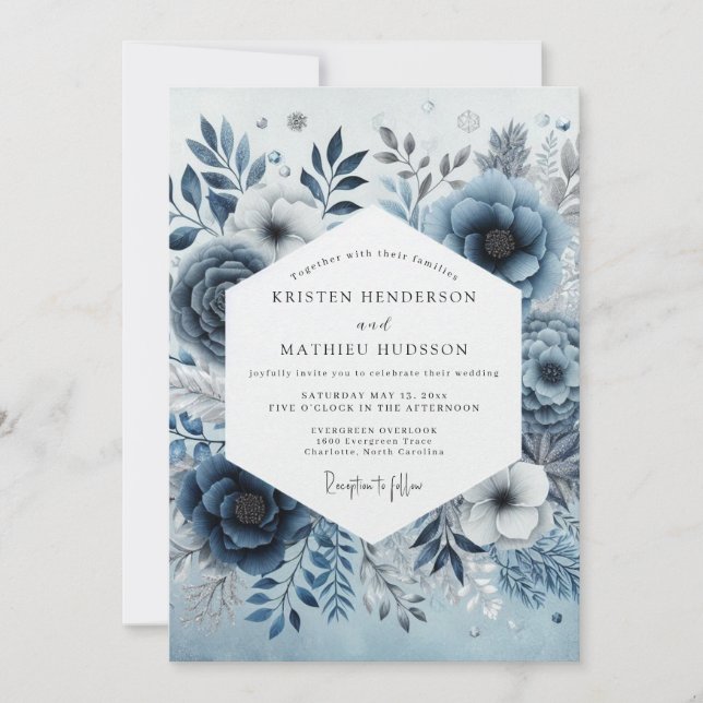 Steel Blue Misty Flora Wedding Inbjudningar (Framsida)