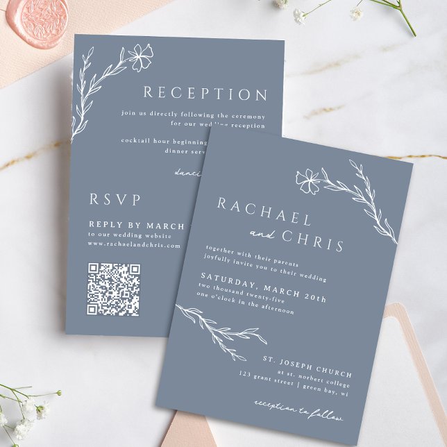 Steel Blue Simple Boho Blommigt Botanical QR-kod Inbjudningar (Skapare uppladdad)