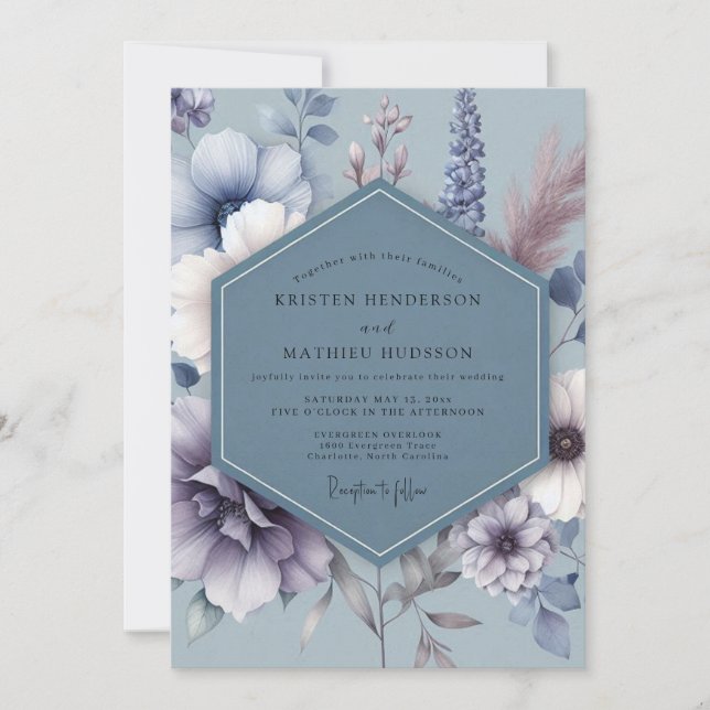 Steel Blue Somber Flora Wedding Inbjudningar (Framsida)