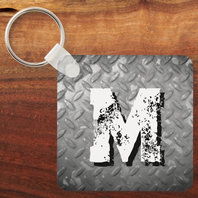 Steel diamond plate custom monogram metal nyckelring (Framsida)