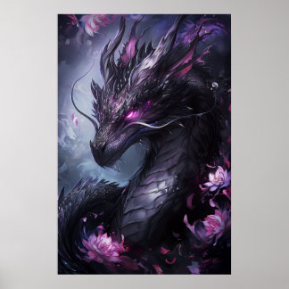 Steel Dragon in Flowers - Mörk Coola Poster