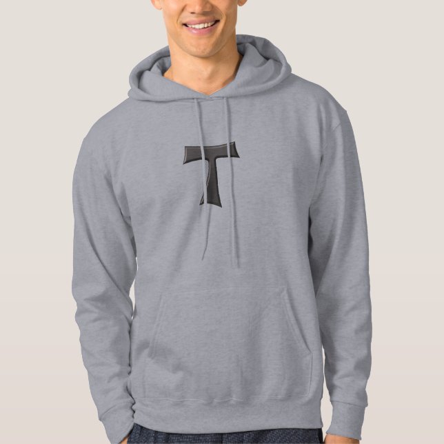 Steel Gray Look Franciscan Tau Cross Hoodie (Framsida)