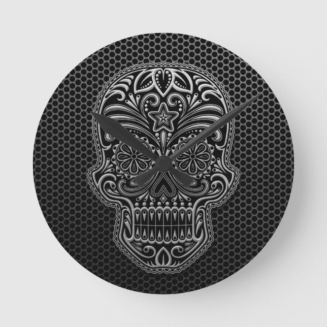 Steel Mesh Sugar Skull Rund Klocka (Framsida)
