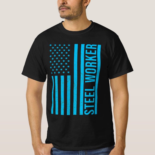 Steel Worker Blue Flag Patriotic T Shirt (Framsida)