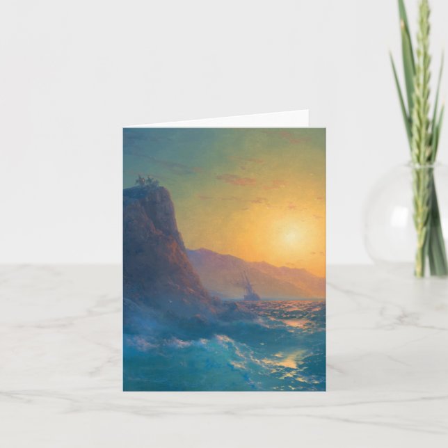 Steep rocky coast and a rough sea at sunset kort (Framsida)