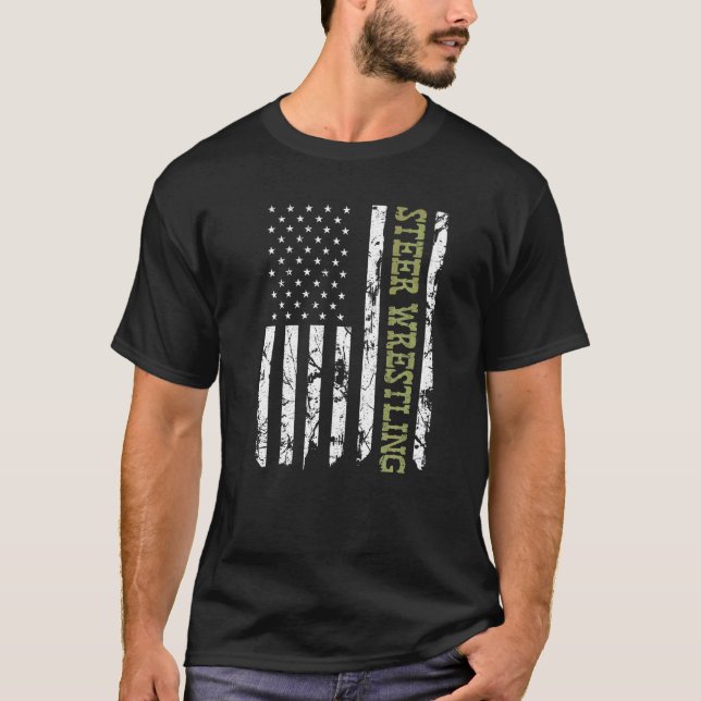 Steer Wrestling Patriotic American Flagga Rodeo Bu T Shirt (Framsida)