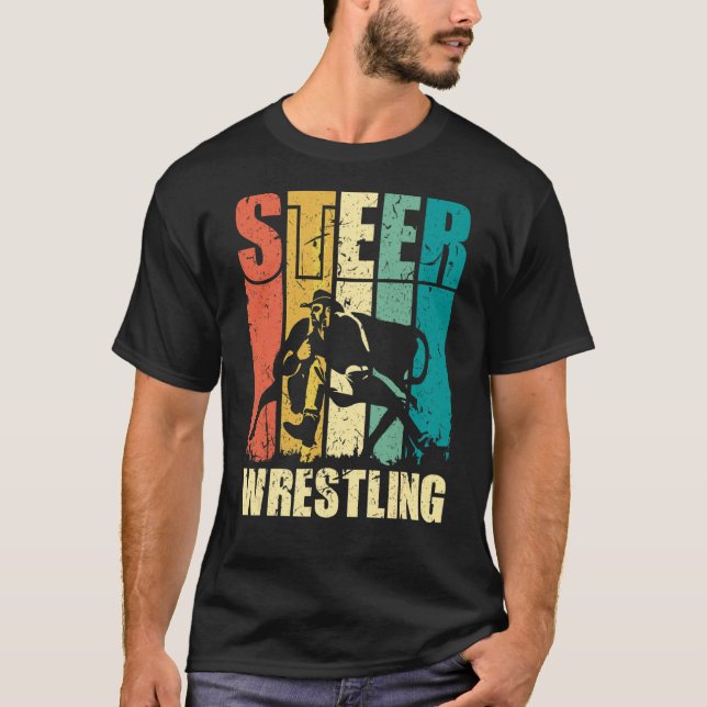 Steer Wrestling Retro Rodeo Bulldogger Graphic T Shirt (Framsida)