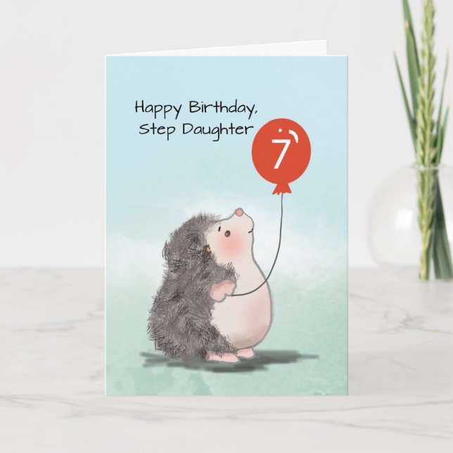 Steg Dotter 7:e Birthday Cute Hedgehog Balloon Kort (Framsida)