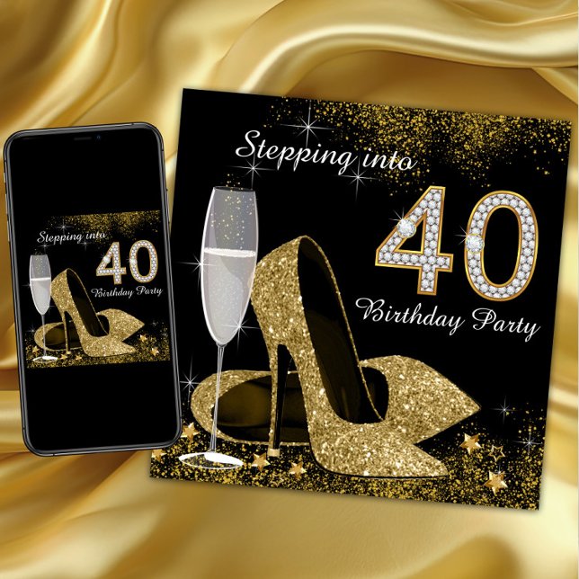 Steg in i 40-årsfest inbjudningar (Womans stepping into 40 birthday party invitation with gold high heel shoes and diamond 40.)