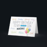 Steg Son Birthday, du är otrolig! Kort<br><div class="desc">Låt din stegson veta hur viktig han är för dig med det här unika kortet, med titeln "Grattis på födelsedagen to my Step Son". Ord "Stegen" har korsats med redigeringsmärken och ersatts med "Otrovärdig". Titeln omges av positiva adjektiv som lustiga, kreativ, starka, vitliga, smarta, begåvade, atletiska och vänliga och accentueras...</div>
