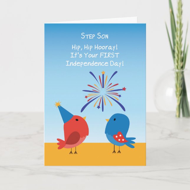 Steg Son Första 4:e juli Cute Birds Fireworks Kort (Framsida)