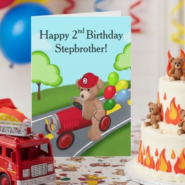 Stegbror 2-års födelsedag Teddybjörn brandbil Kort (Skapare uppladdad)