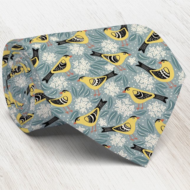 Stegdfink och Rhododendron Fågel Blomma Blocktryck Slips (Willow Goldfinch Coastal Rhododendron state bird flower of Washington heritage inspired neck tie)