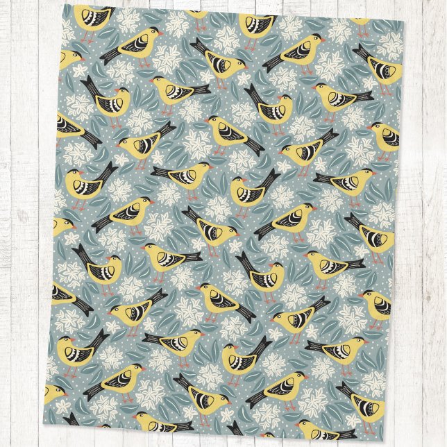 Stegdfink och Rhododendron Fågel Blomma Fleecefilt (Goldfinch and Rhododendron bird and flower arts and crafts block print inspired fleece blanket)