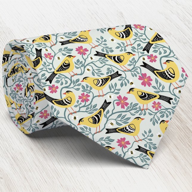 Stegglöpare och Prärieros Fågelblomma Slips (Willow goldfinch wild prairie rose Iowa state bird flower heritage inspired pattern neck tie)