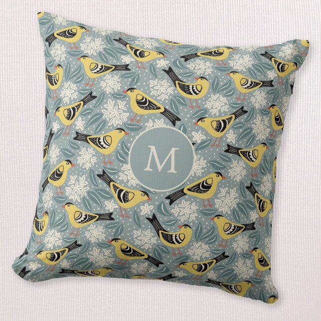 Stegglöpare och Rhododendron Fågel Blomma Monogram Kudde (Willow Goldfinch Rhododendron monogram initial bird flower block print throw pillow)