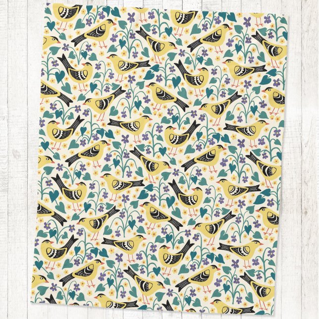 Steglits och träviol fågelblomma fleecefilt (Willow Goldfinch bird wood violet flower arts and crafts block print style fleece blanket)
