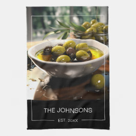 Steilis Black White Photo & Family Namn Monogram Kökshandduk