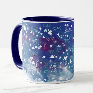 Stella-eget namn fullt av hjärtan och stjärnor blå mugg