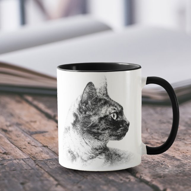 Stella Grått Cat Mugg (Charcoal Profile of Stella the Grey Cat 11 oz Coffee Mug Cover Photo.)